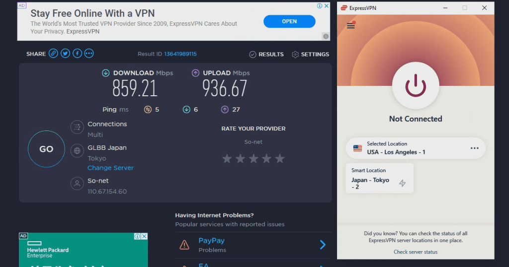 VPNを利用していない状態での速度計測結果