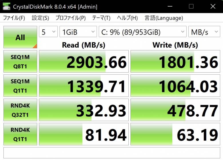 HP Spectre x360 14のSSD読み書き速度