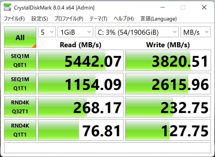 ExpertBook B9のSSD読み書き速度