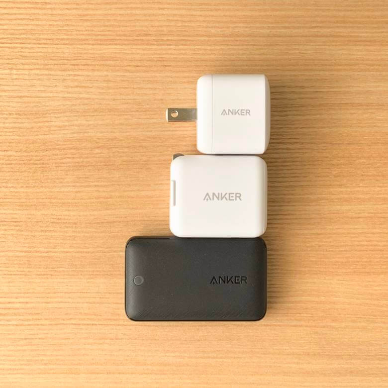 Anker PowerPort Atom III SlimとAnker PowerPort Atom PD 1とAnker PowerPort III miniのサイズ比較